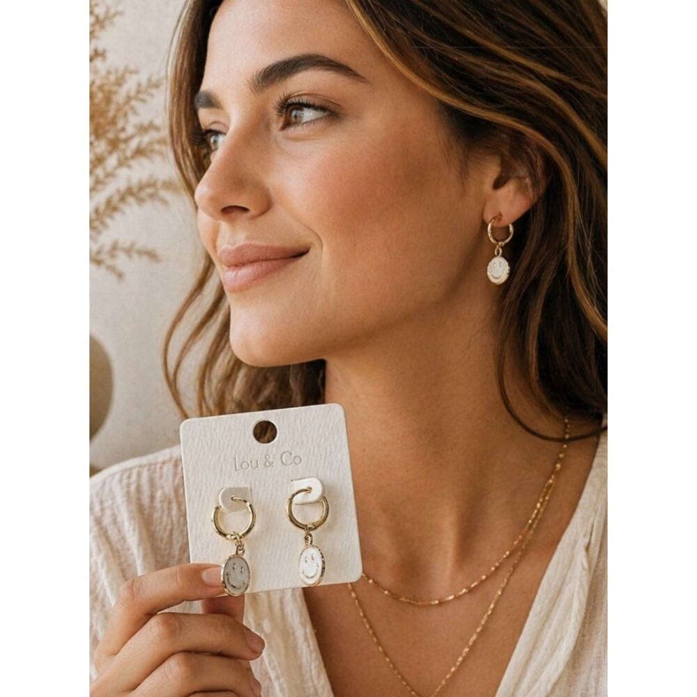 Lou & Co Gold White Smile Face Round Earrings New